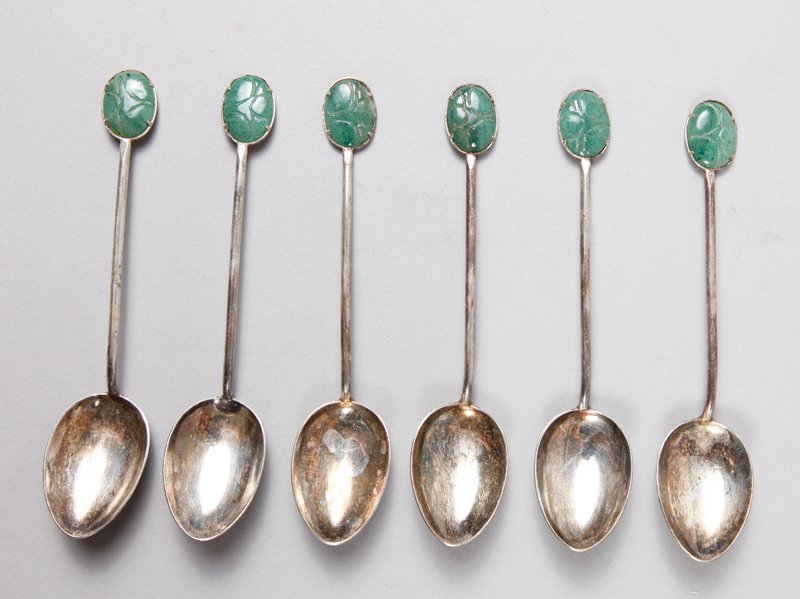 6 CHINESE SILVER & JADEITE DEMITASSE SPOONS: In fitted box, each with oval carved jadeite in tutle shell form. 4.25" L. Excellent condition.