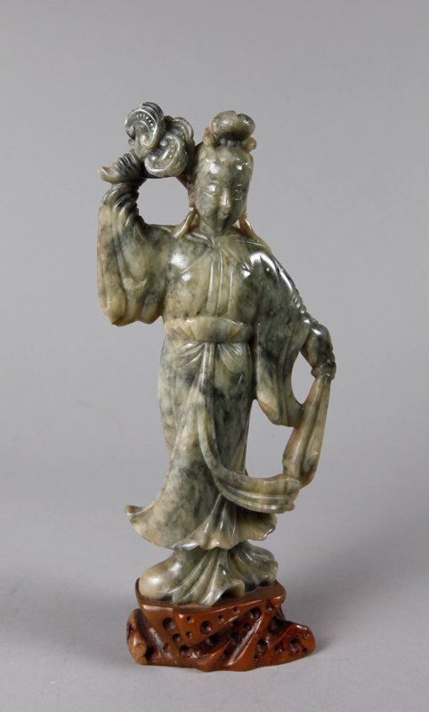 CHINESE CARVED SOAPSTONE GUANYIN: Carved Guan Yin in two color soapstone. 9.125" H. Very good condition.