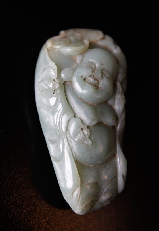 CHINESE JADE BOULDER: Maitreya Buddha surrounded by ruyi and bats. 4" H x 2.125" W. Excellent condition.