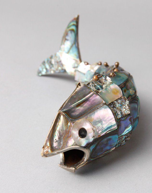 CHINESE ABALONE RETICULATED FISH: With metal mouth, possibly silver. Approximately 6.25" L. Either some repairs to abalone, or original to piece.