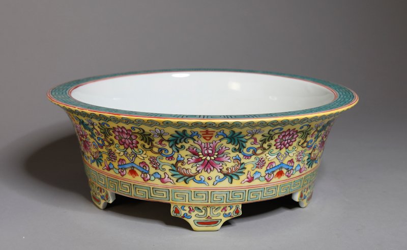 CHINESE FAMILLE ROSE PORCELAIN BRUSH WASHER: Inside with fruit, butterflies and Greek key, outside with floral and scrolling designs. Four character mark in 2 squares in blue. 3.75" H x 10.75" DIA.