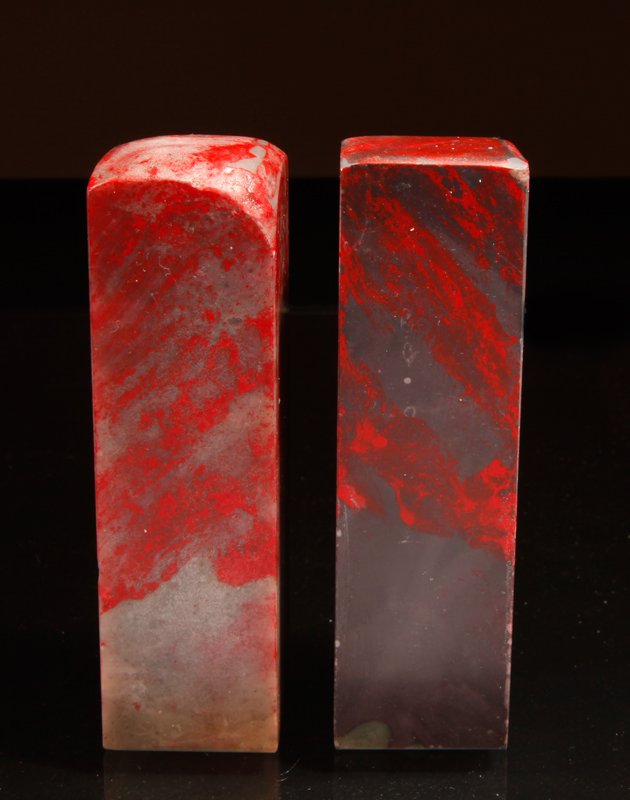 2 CHINESE CHICKEN BLOOD SOAPSTONE SEALS: Both blank, one slightly larger. Largest 3.625" H x 1" SQ. Excellent condition.