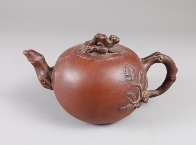CHINESE ZI SHA TEA POT: Vine and leaf handle with rat, the lid with rat and squirrel. Three character impressed mark. 4.25" H x 7.5" W.
