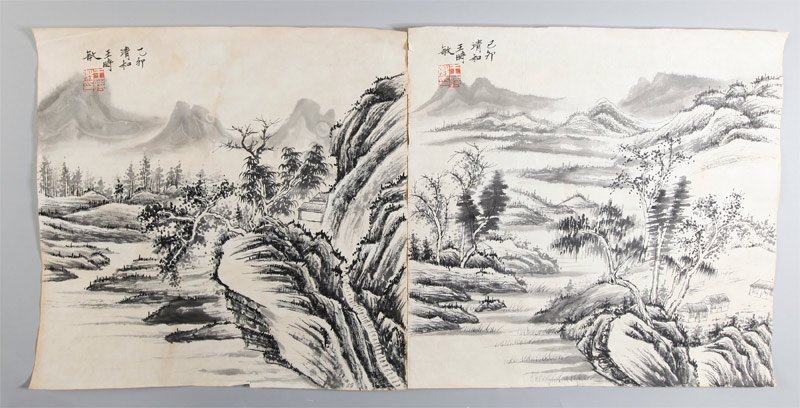 2 CHINESE PAINTINGS ATTB. WANG SHI MIN: One with mountain and building with signature and seal mark, the other with mountains and trees with signature and seal mark. Largest 13.25" H x 13.5" W.