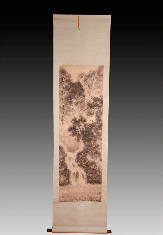 Chinese Scroll Painting Attb.to Fu Baoshi: Attributed to Fu Baoshi (1769-1819). Attached to silk brocade, painted to depict a mountain scene with waterfall and two seated figures. Signature and seal mark along left side. 53.75" H x 17" W, pain