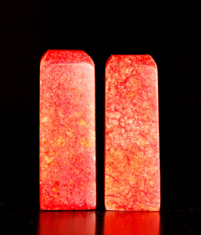 Pair of Chinese Chicken Blood Soapstone Seals: Both blank seals with rounded tops. 3.375" H x 1.125" Sq. Excellent condition.
