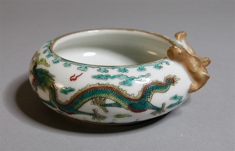 CHINESE 3 COLOR PORCELAIN BRUSH WASHER: With 2 enameled dragons and raised chilong on gold. Six character Qianlong mark in red. 1.375" H x 3.875" W.