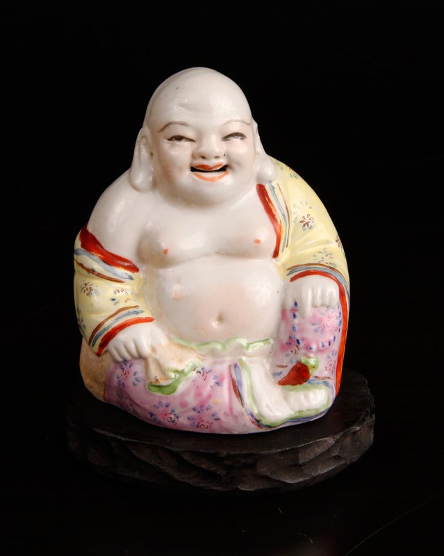 Chinese Republic Porcelain Buddha Statue and Stand: Very nice porcelain and enameled Buddha figure with custom flat carved stand. Believed to be Republic if not older. Impressed with what appears to be 7 character mark, with two cross style marks n