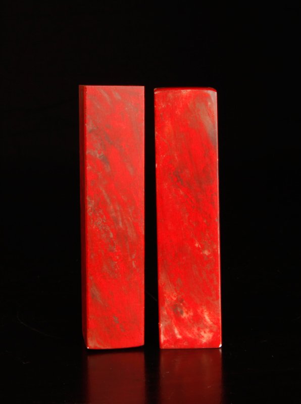 Pair of Chinese Chicken Blood Soapstone Seals: Both blank, with marbling. 3" H x .75" Sq. Excellent condition.