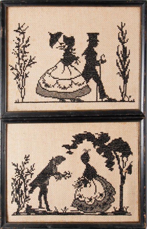 2 Antique Needlepoint Silhouettes: Both framed, one depicting a lady and gentleman walking, and the other depicting a lady and gentleman, with the gentleman proposing. Staining throughout consistent with age.