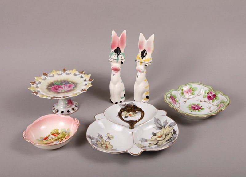 Porcelain Bowls, Compotes & Salt & Pepper: Includes a Royal Winton bowl, a Nippon bowl, a Ardalt compote, a S Andrea relish tray and a pair of Napco donkey salt and pepper shakers. Good condition to all, with repair to pepper shaker.