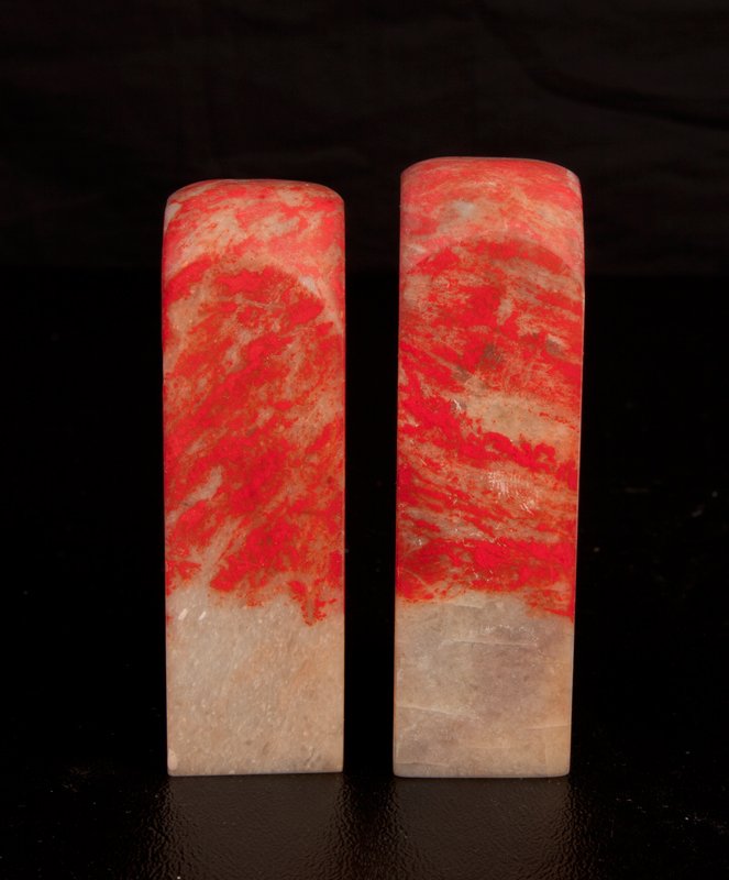 Pair of Chinese Chicken Blood Soapstone Seals: Both blank seals, one slightly larger. Largest measures 3.5" H x 1.125" Sq. Excellent condition.