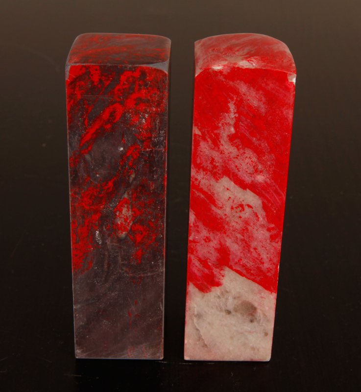 2 Chinese Chicken Blood Soapstone Seals: One lighter and one darker, 3.75" H x 1" Sq. Excellent condition.