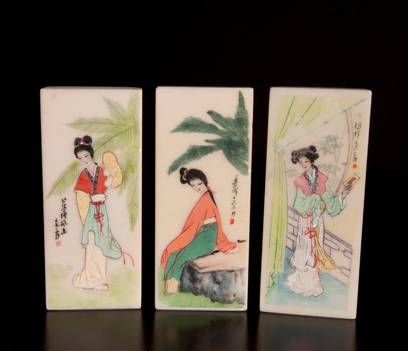 3 Chinese Republic Alabaster Paperweights: Each hand painted depicting a belle, with caligraphy and seal mark, and sticker. 4.75" H x 2" L. Very good condition with minor paint losses.