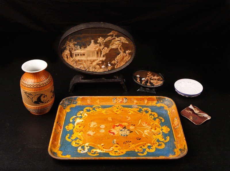 Grouping of Asian Articles: Various articles including vase, Japanese paper mache tray, cork art and more. Fair condition to all.