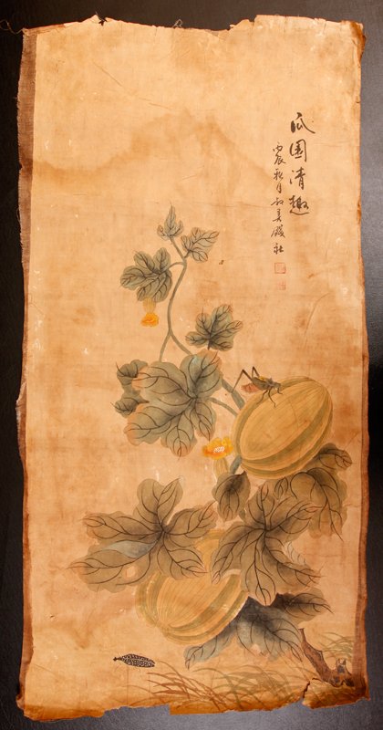 Chinese Watercolor Scroll Painting: Attributed to Qian Du, painted on heavy paper to depict a grasshopper atop a squash. Signature and two seal marks in red along right side. Unframed, 35" H x 17.25" W. Paper with fraying around edges.