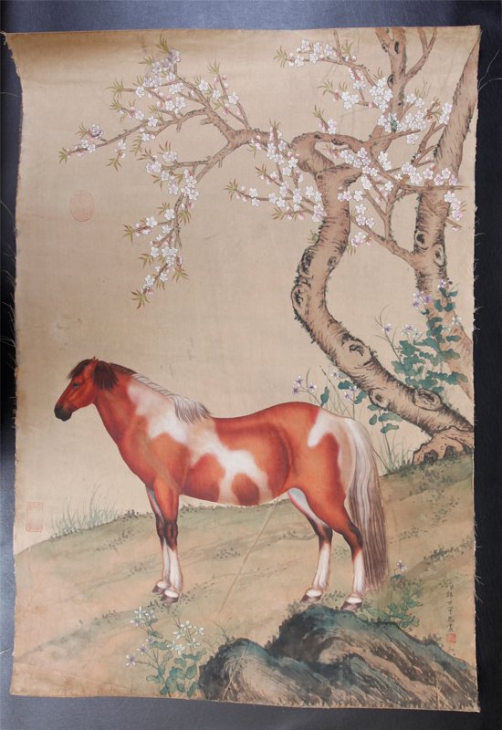 Chinese Watercolor Painting: Attributed to Lang Shi Ning, (Giuseppe Castiglione), painted to depict single horse beneath blossom tree. Signature and seal mark in red at bottom right, with additional seal marks along left side. Un
