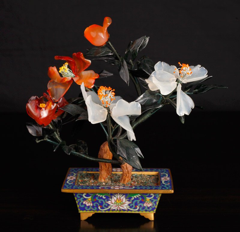 Chinese Jade & Carnelian Tree: In cloisonne pot, tree with carved spinach jade leaves, light celadon jade flowers and carnelian flowers. 8" H x 7.5" W. Excellent condition.