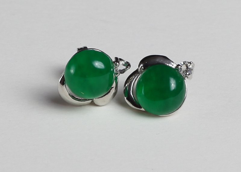Pair of Chinese Hardstone Earrings: Post earrings mounted in white gold plate, with round hardstone balls and rhinestone. .5" overall length. Excellent condition.