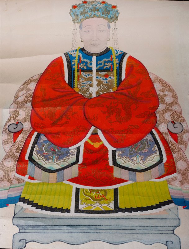 Chinese Woodblock Print: Depicting a robed emperor, highlighted in gilt. Unframed, measures 18.75" H x 12.875" W. Toning to paper, some cracking. From the estate of Carl F. Butts: Professor Emeritus at Wayne State University 