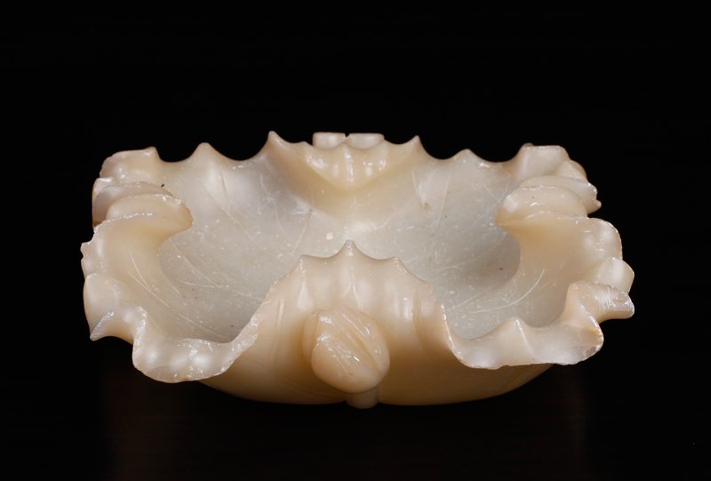 Chinese Republic Carved Soapstone Coupe: Large coupe carved in the form of a lotus flower with partial stem and smaller flower. 1.625" H x 6" Sq. One small chip to pointed area, one corner with repair.