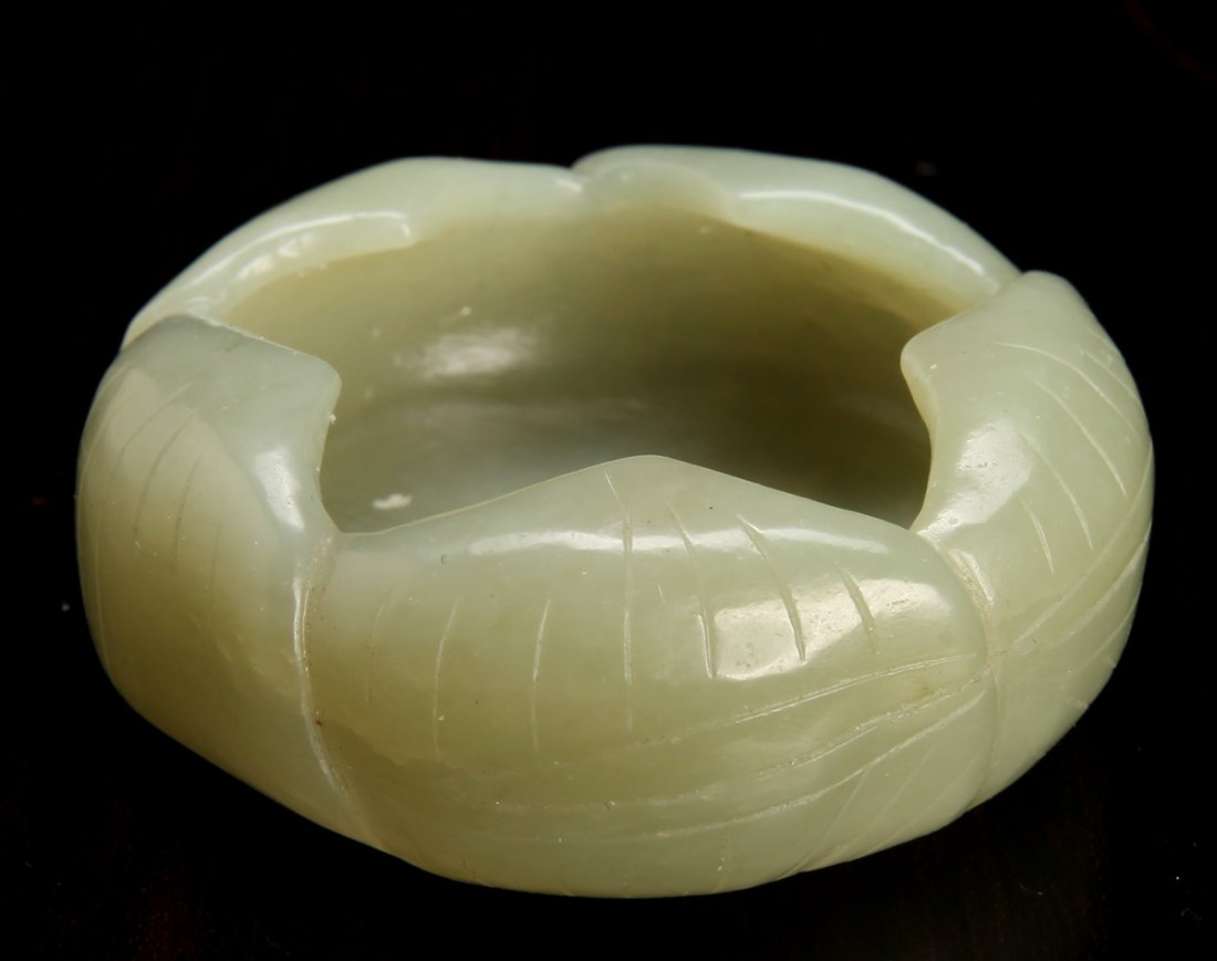 Chinese Carved Jade Brush Washer: In form of a lotus flower, 2.125" Dia. Excellent condition.