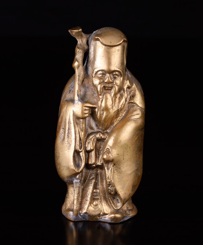 Chinese Bronze Fu Lu Shou: Depicting a three-dimensional Fu Lu Shou standing and holding staff. 3.75" H x 1.75" W. Excellent condition. From the estate of Carl F. Butts: Professor Emeritus at Wayne State University and world tr