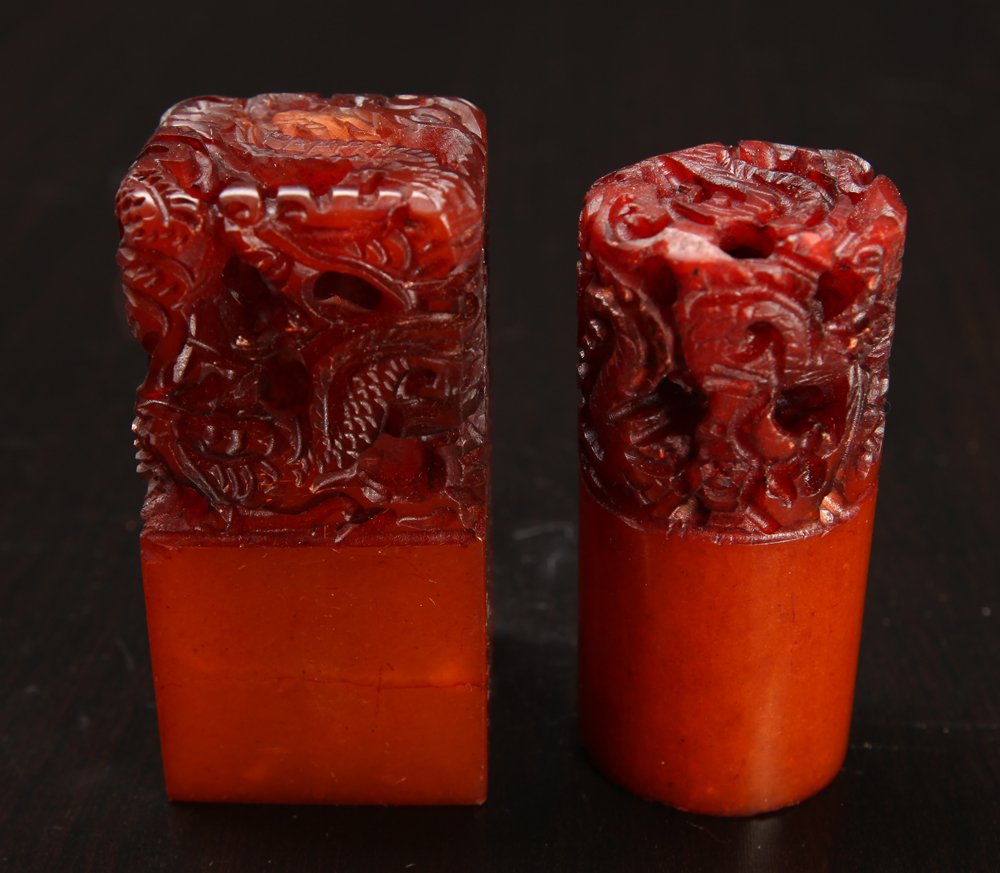 2 Chinese Soapstone Seals: Both blank, and the tops with openwork carvings of dragons. Largest measures 2.375" H x 1.125" Sq. Excellent condition.