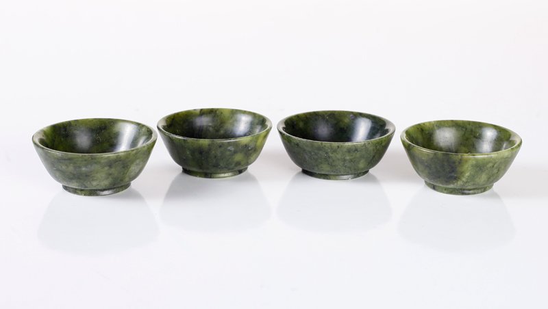 4 Chinese Hardstone Cups: Each in a spinach color, cups measure .75" H x 1.75" Dia. Excellent condition.