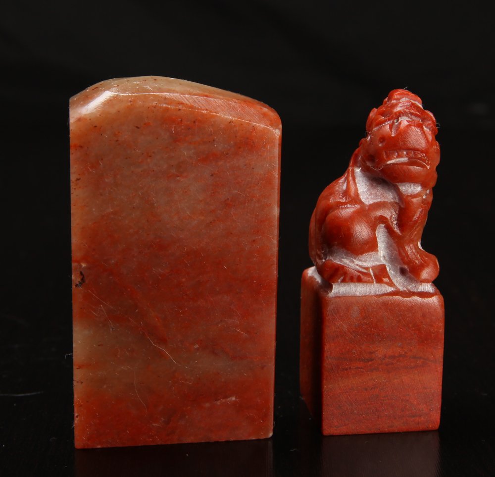 2 Chinese Soapstone Seals: Both blank, one with no carvings, the other with carved foo dog at top. Longest measures 2.25" H. Excellent condition.