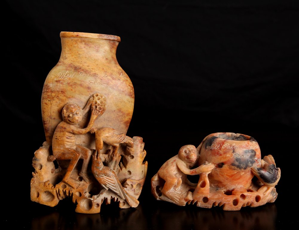 2 Chinese Republic Soapstone Tourist Items: Includes a vase with monkey and birds, and a smaller vase with monkey and bird. Both etched "West Palm Beach Fla." and "CHINA" on reverse. Largest measures 5.5" H x 3.75" W. Largest with repair, both 