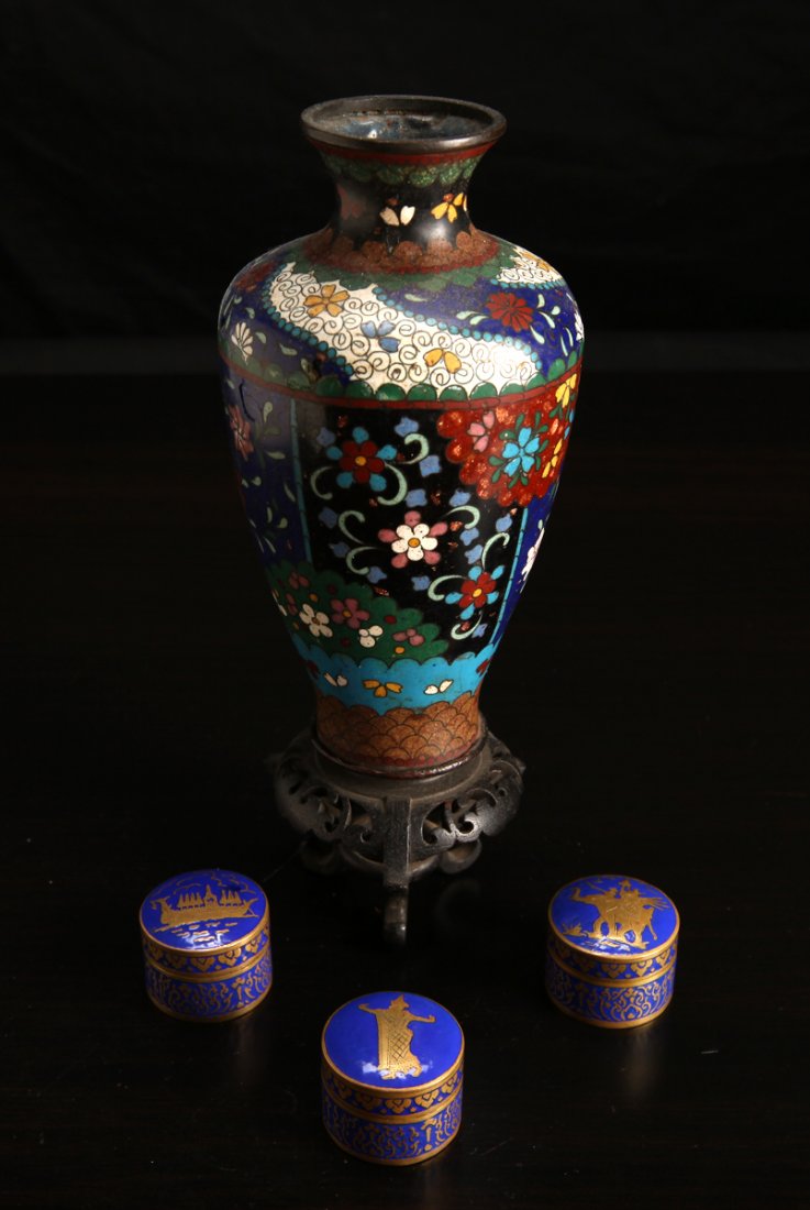 Chinese Enameled Vase & Pill Boxes: Includes an enameled vase attached to stand in multi-colored floral designs; dent to one side. Together with three Tibetan pill box with elephant, boat and Buddha. Vase with stand measures 8" H x 3" W