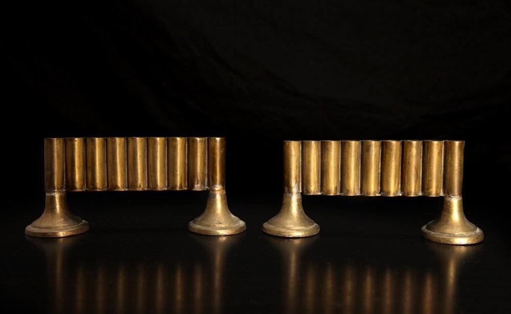Pair of Chinese Republic Brass Pen Tip Holders: Each able to hold 9 nibs, and on two feet. Marked CHINA on each foot. 2.125" H x 4.75" L. Very good condition.
