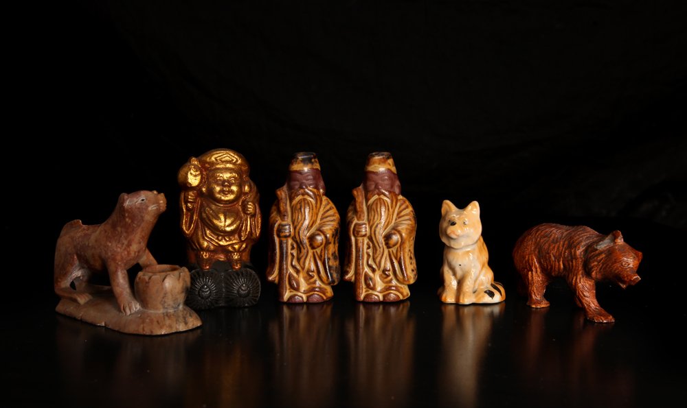 6 Asian Figures: Includes a soapstone dog and bowl, a molded bear, a porcelain dog, a porcelain gilt figure and a pair of clay elders. All around 3" and in very good condition.