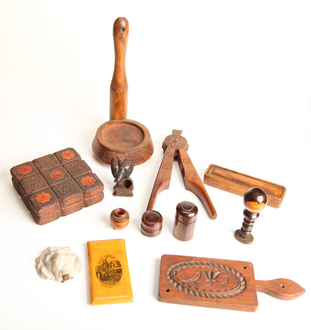 Grouping of Antique Wood Articles: Includes a Polish box, trivet decoration, stamp, and more. Longest measures 9" L. Very good condition.