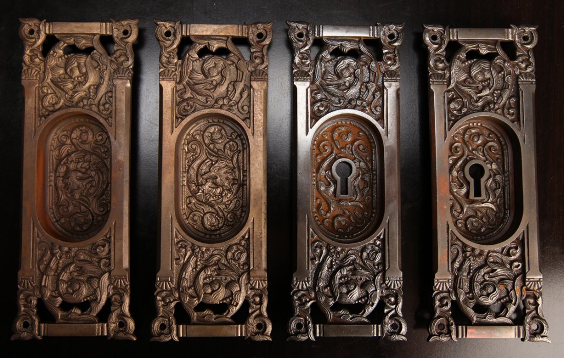 4 Victorian Egg & Dart and Lock Door Plates: Includes two knob plates and two lock plates, both decorated with ornated scrolling designs. 7.5" L x 2.875" W. Very good condition with some rusting consistent with age.