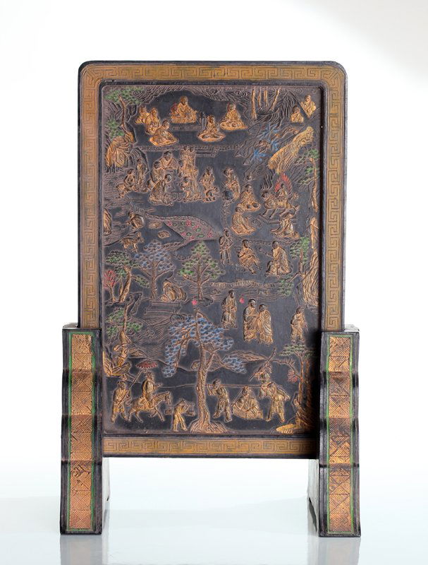 Chinese Ink on Stand: Rectangular ink, one side depicint numerous figures in an exterior setting, other side depicting caligraphy and seal mark in red, with caligraphy to each side. Rests on ink stand, each piece depicting