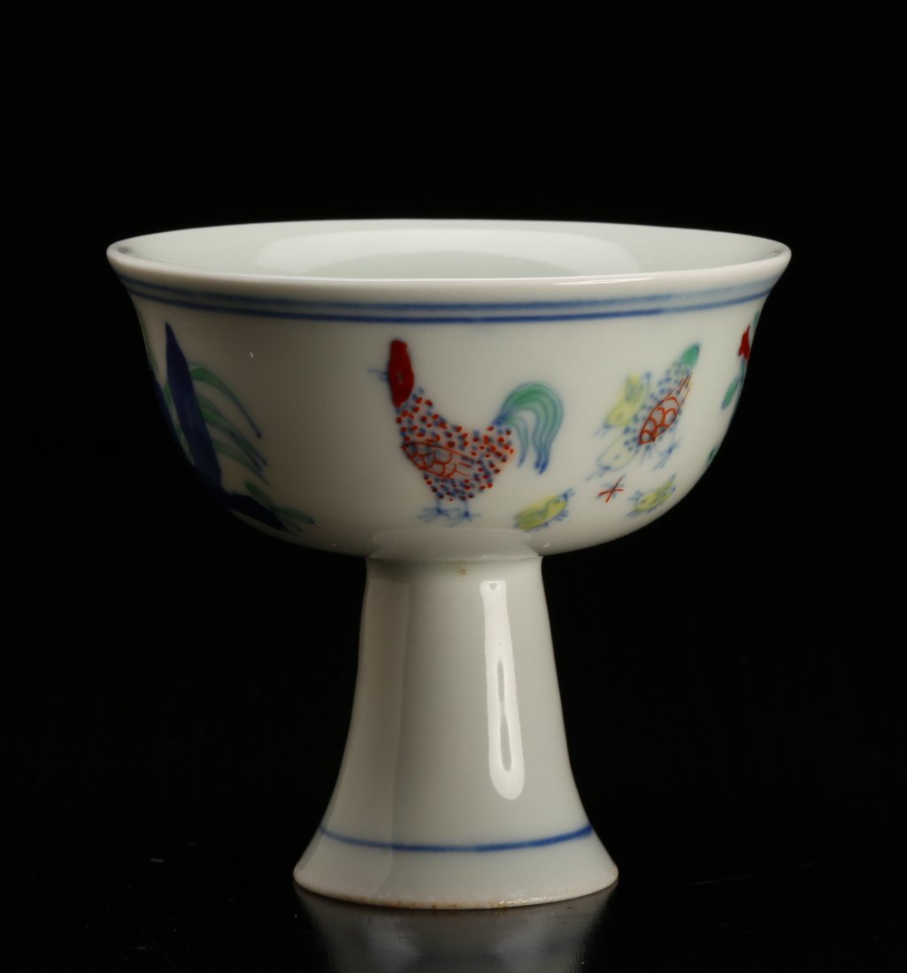 Chinese Dou Cai Porcelain Wine Cup: Depicting floral, rooster and chick designs. Six character mark in blue on underside. 3.375" H x 3.5" W. Excellent condition.