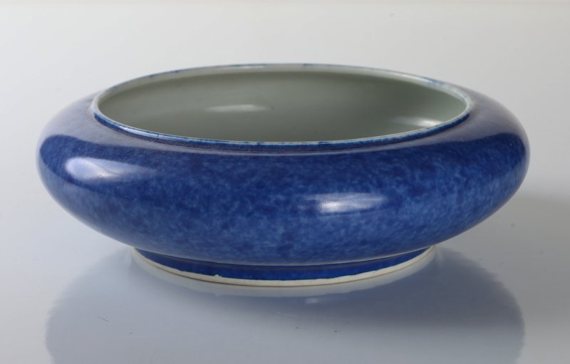 Chinese Porcelain Brush Washer: In mottled blue exterior with white interior. Two concentric circles in blue on underside. 1.625" H x 5.375" Dia. Excellent condition.