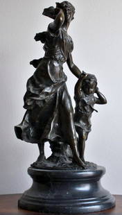 Moreau "Woman and Child" bronze sculpture: "Woman and Child" bronze sculpture after Moreau measuring approx. 23h x 12w x 11d having a dark brown patina and good detail. The sculpture is in very good condition.