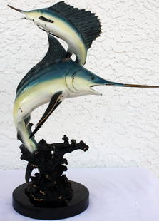 "Sailfish Duo" sculpture: "Sailfish Duo" detailed sculpture measuring approx. 15hx11x6 with a very good multi-color finish and detail. Good condition.