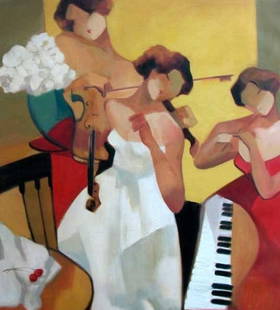 Yunessi "Brides Song" Original oil: Gholam Yunessi "Brides Song" Original Oil on Canvas,hand signed,mint condition measuring approx. 30x24. The work is very rare. Low opening bid.