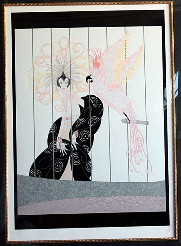 Erte' "Bird Cage" hand signed serigraph: "Birdcage" by Erte' handsigned embossed serigraph with foil stampning, the publisher is Chromacomp NY , the printer is Chalk and Vermillion,measuring approx. 41x41.5 beautifully framed and matted,very