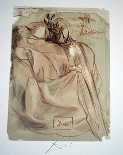 Dali rare signed color woodcut: Signed woodblock printed in colors on BFK Rives paper after original watercolors by the artist, c. 1963, signed in red pencil, printed on BFK Rives paper, as published by Les Heures Claires, Paris