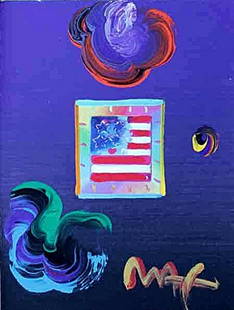 Max "Flag" Original Mixed Media: Peter Max "Flag" Original Mixed Media measuring approx. 11.5 x8.5 in mint condition. Mixed media with acrylic painting and color lithograph on paper. Signed in acrylic.The entire piece is an