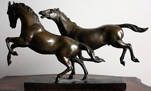 Mene"Running Stallions" bronze sculpture: "Running Stallions" bronze sculpture after Mene measuring approx. 11h x 21w with a golden brown patina. The sculpture has been well maintained with very good detail and finish.