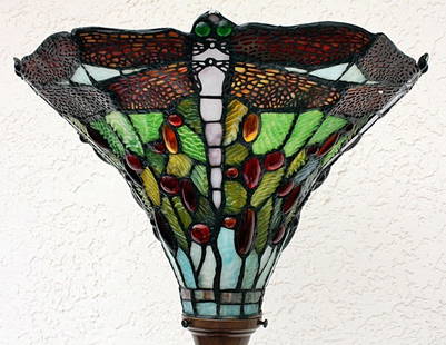 Dragonfly Floor lamp Jeweled: Jeweled dragonfly floor lamp containing quality hand cut glass and jeweled glass in the shade and filagree over the dragonfly wings. The work also contains measures approx. 68hx15x15 in mint