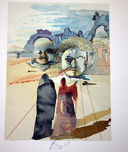 Dali rare signed color woodcut: Signed woodblock printed in colors on BFK Rives paper after original watercolors by the artist, c. 1963, signed in red pencil, printed on BFK Rives paper, as published by Les Heures Claires, Paris