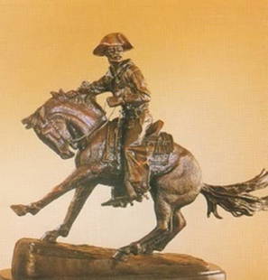 Remington "Cowboy"bronze sculpture: "Cowboy" after Remington signed with a dark bown patina measuring approx. 25 x 22. The sculpture is in very good condition being well maintained.