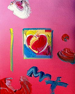 Max "Hearts" Original Mixed Media: Peter Max "Hearts" Original Mixed Media measuring approx. 11.5 x8.5 in mint condition. Mixed media with acrylic painting and color lithograph on paper. Signed in acrylic.The entire piece is an